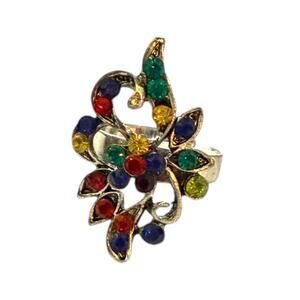 Multicolored Faux Gemstone And Silver Ring One Size Adjustable